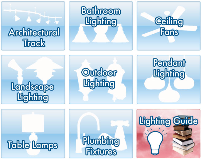 Architectural Track, Bathroom Lighting, Ceiling Fans, Landscape Lighting, Outdoor Lighting, Pendant Lighting, Table Lamps, Plumbing Fixtures, Lighting Guide