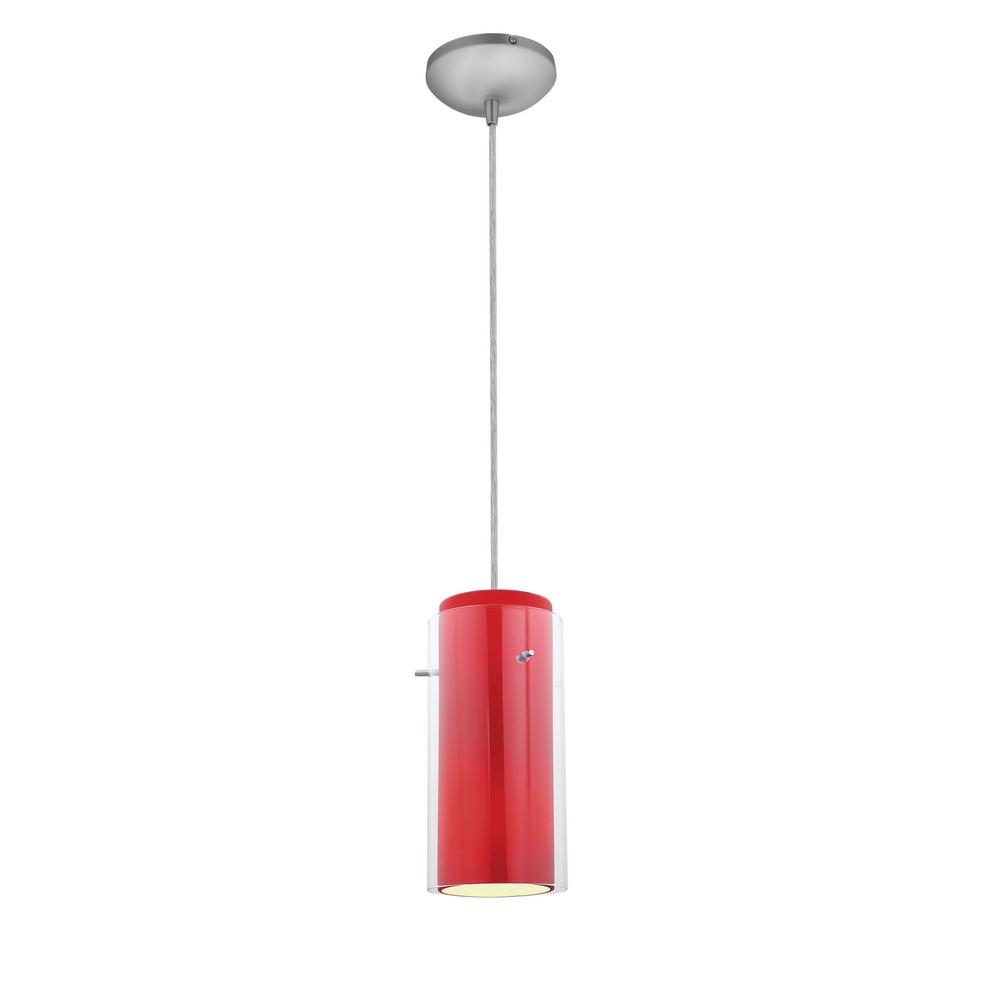 Access Lighting-28033-1C-BS/CLRD-Sydney-One Light Cylinder Pendant (Cord Hung)-4.75 Inches Wide by 14 Inches Tall Brushed Steel Clear/Red Oil Rubbed Bronze Finish with Clear/Red Glass