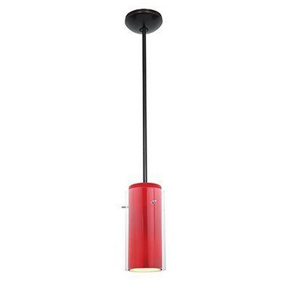 Access Lighting-28033-3R-ORB/CLRD-Glass n Glass Cylinder-11W 1 LED Rod Pendant-4.5 Inches Wide by 10 Inches Tall Oil Rubbed Bronze Red Oil Rubbed Bronze Finish