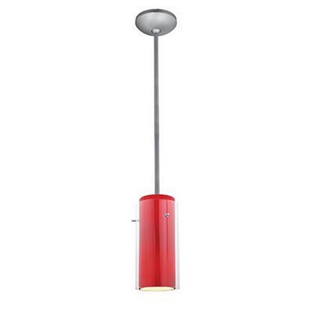 Access Lighting-28033-3R-BS/CLRD-Glass n Glass Cylinder-11W 1 LED Rod Pendant-4.5 Inches Wide by 10 Inches Tall Brushed Steel Red Oil Rubbed Bronze Finish