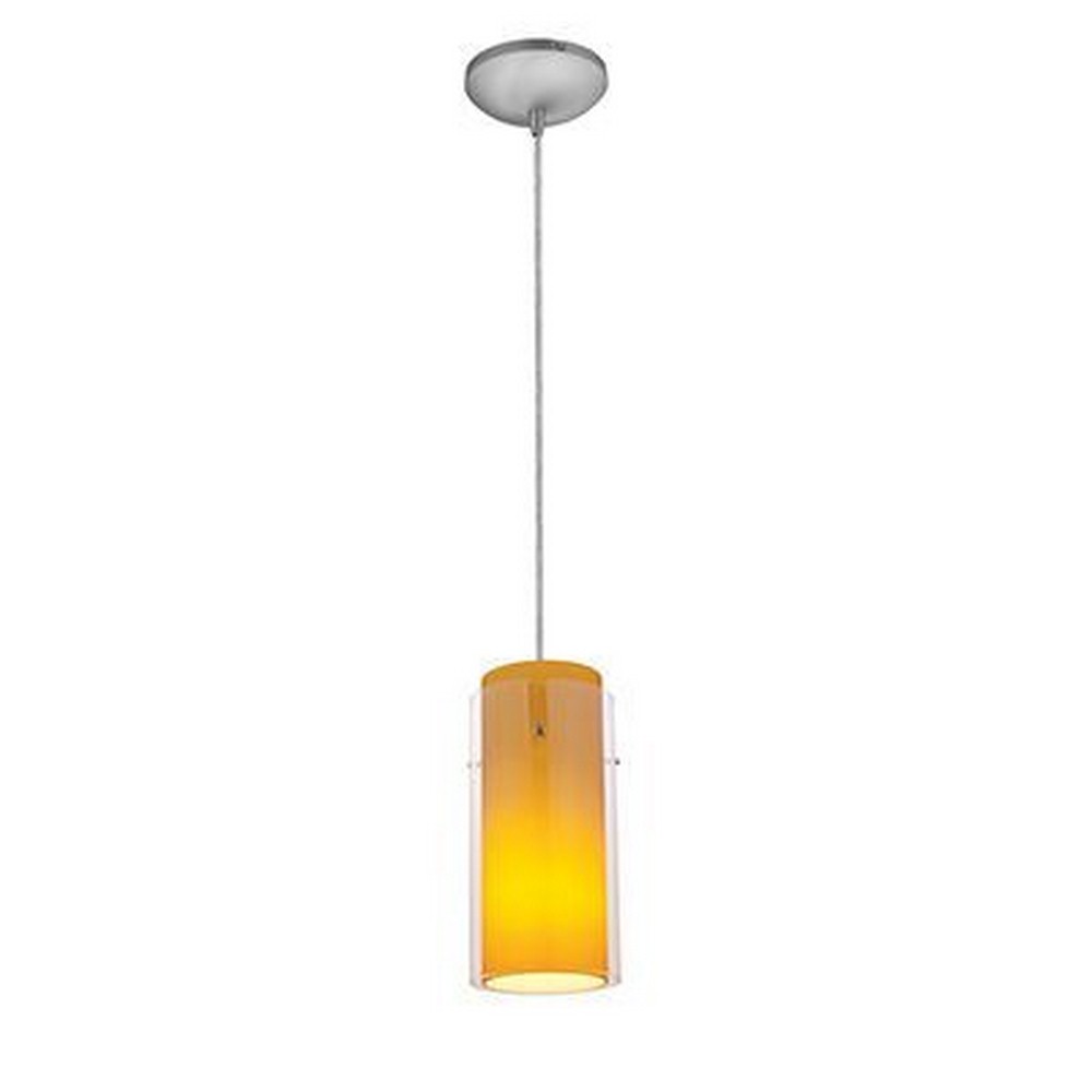 Access Lighting-28033-4C-BS/CLAM-Glass n Glass Cylinder-12W 1 LED Cord Pendant-4.5 Inches Wide by 10 Inches Tall Brushed Steel Amber Oil Rubbed Bronze Finish