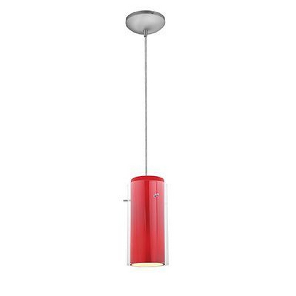 Access Lighting-28033-4C-BS/CLRD-Glass n Glass Cylinder-12W 1 LED Cord Pendant-4.5 Inches Wide by 10 Inches Tall Brushed Steel Red Oil Rubbed Bronze Finish