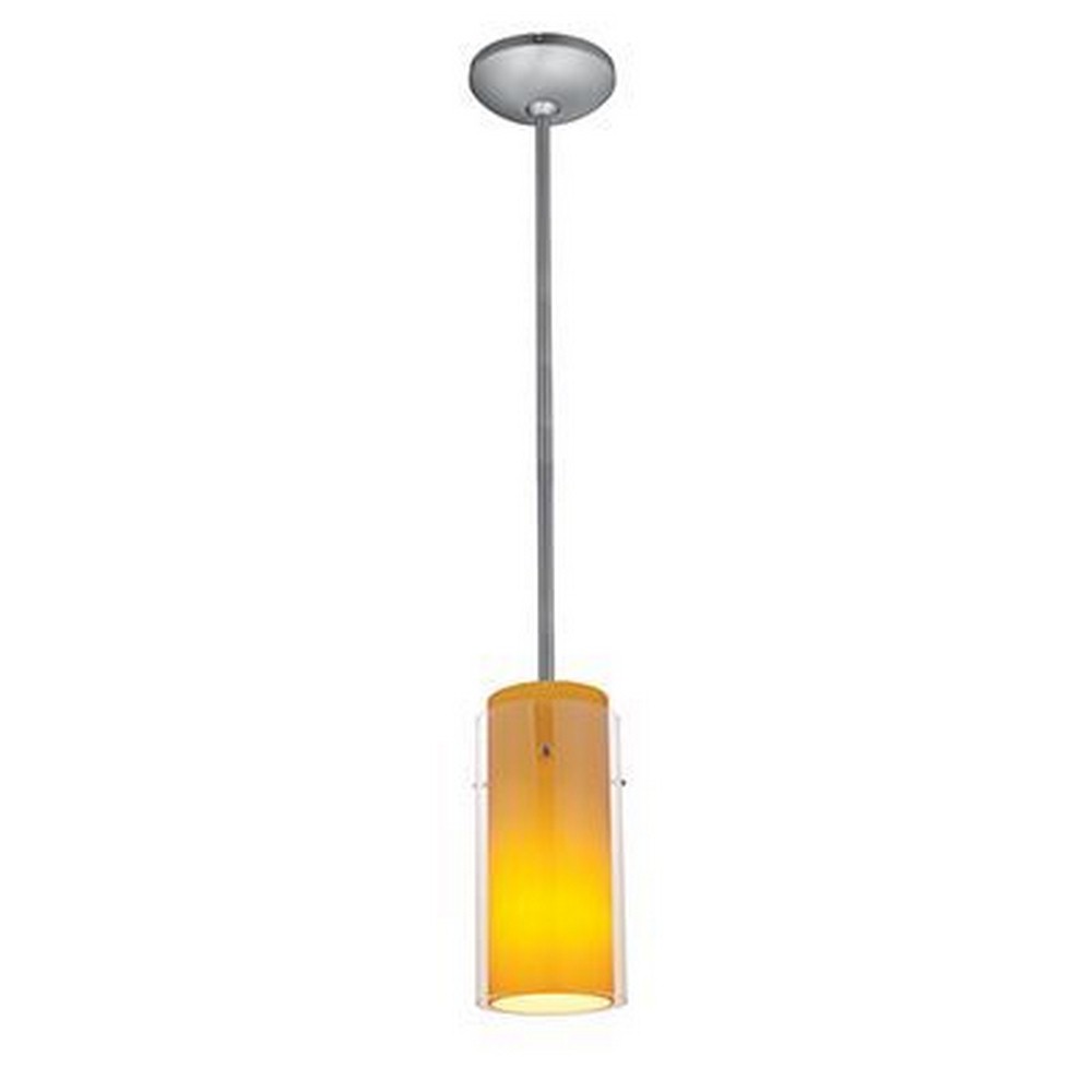 Access Lighting-28033-4R-BS/CLAM-Glass n Glass Cylinder-12W 1 LED Rod Pendant-4.5 Inches Wide by 10 Inches Tall Brushed Steel Amber Oil Rubbed Bronze Finish