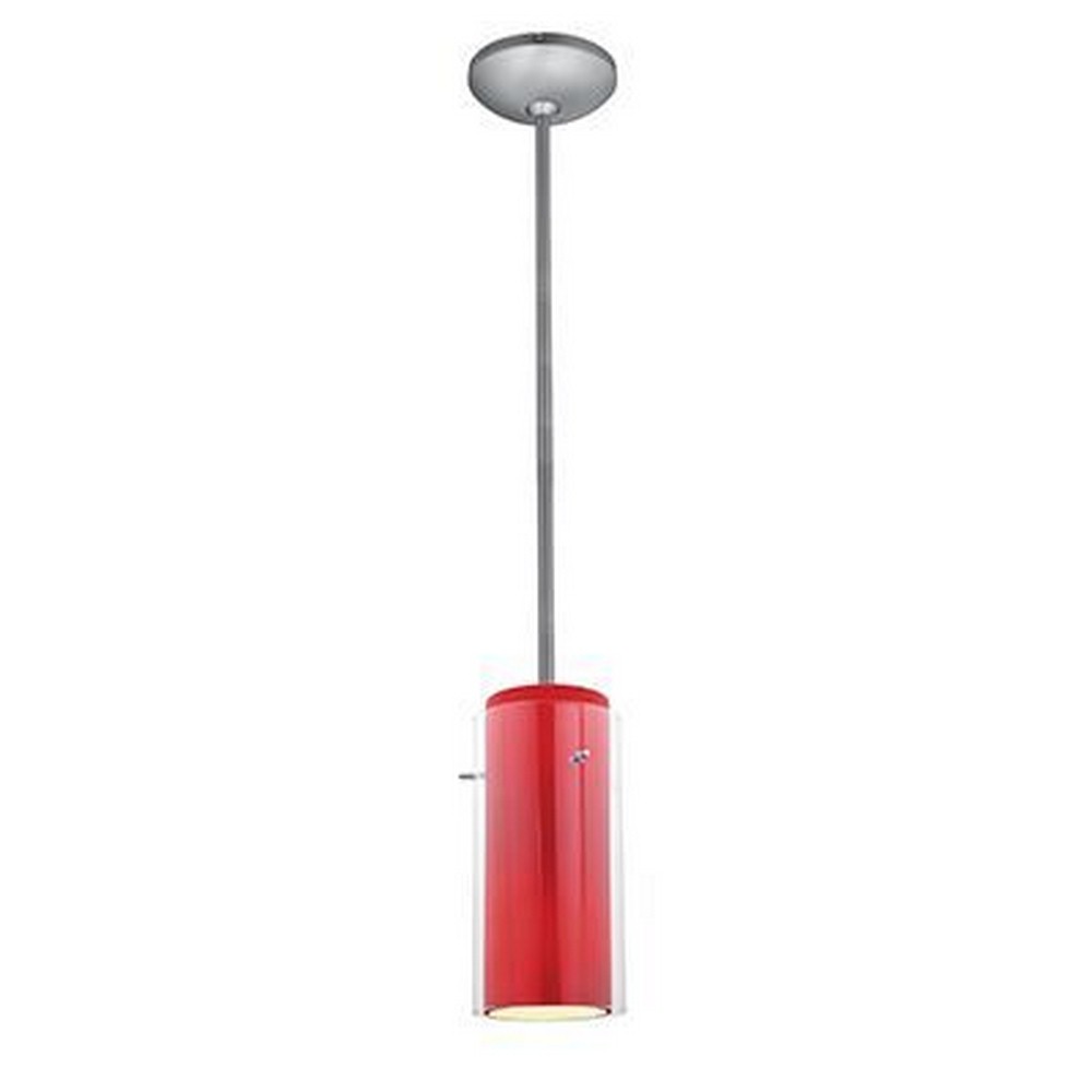 Access Lighting-28033-4R-BS/CLRD-Glass n Glass Cylinder-12W 1 LED Rod Pendant-4.5 Inches Wide by 10 Inches Tall Brushed Steel Red Oil Rubbed Bronze Finish