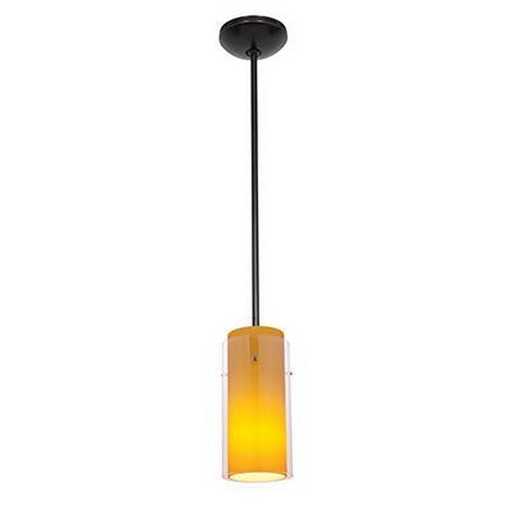 Access Lighting-28033-4R-ORB/CLAM-Glass n Glass Cylinder-12W 1 LED Rod Pendant-4.5 Inches Wide by 10 Inches Tall Oil Rubbed Bronze Amber Oil Rubbed Bronze Finish