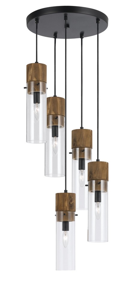 Cal Lighting-FX-3583-5-Spheroid-Five Light Pendant-14 Inches Wide by 13.38 Inches High Wood/Dark Bronze Finish with Clear Glass