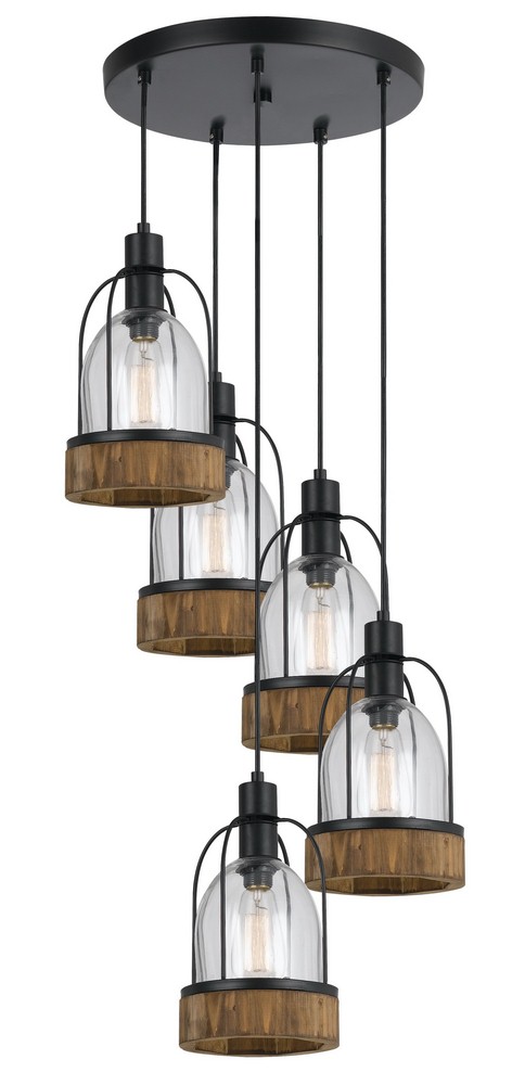 Cal Lighting-FX-3584-5-Beacon-Five Light Pendant-20 Inches Wide by 72 Inches High Wood/Dark Bronze Finish with Clear Glass
