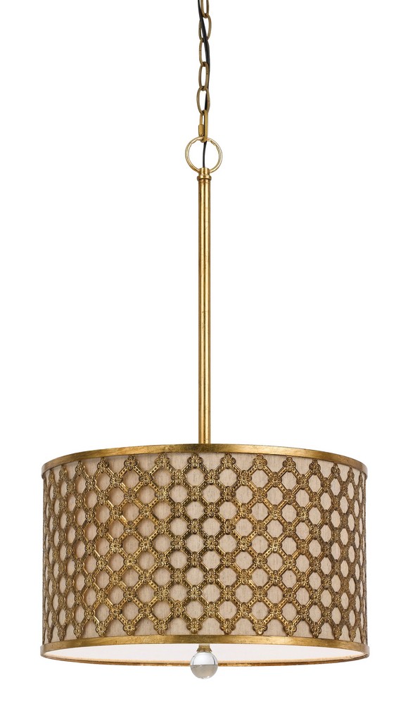 Cal Lighting-FX-3597-1P-Fairview-Three Light Pendant-16 Inches Wide by 25 Inches High   French Gold Finish with Natural Linen Shade