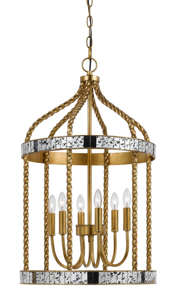 Cal Lighting-FX-3599-6-Glenwood-Six Light Pendant-16 Inches Wide by 27.5 Inches High   French Gold/Antiqued Mirror Finish