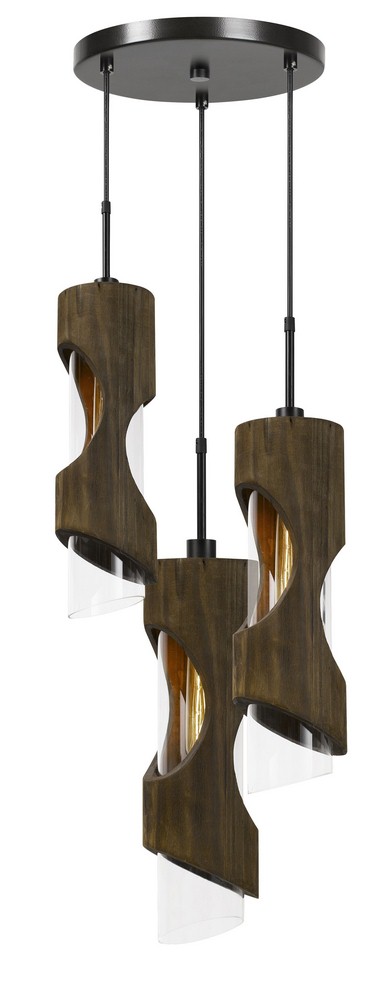 Cal Lighting-FX-3669-3-Zamora - Three Light Pendant Smoky Wood Finish with Clear Glass