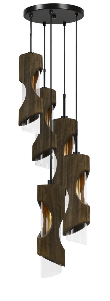 Cal Lighting-FX-3669-5-Zamora - Five Light Pendant Smoky Wood Finish with Clear Glass