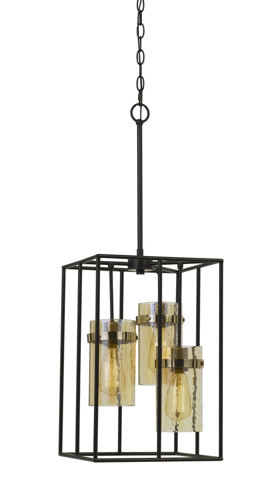 Cal Lighting-FX-3680-3-Cremona-Three Light Cage Pendant-12.3 Inches Wide by 33.9 Inches High Black/Antique Brass Finish with Smoked Glass