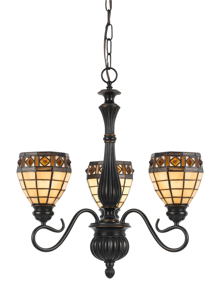 Cal Lighting-FX-2332/3-Three Light Chandelier-19 Inches Wide by 23 Inches High   Antique Bronze Finish with Tiffany Glass