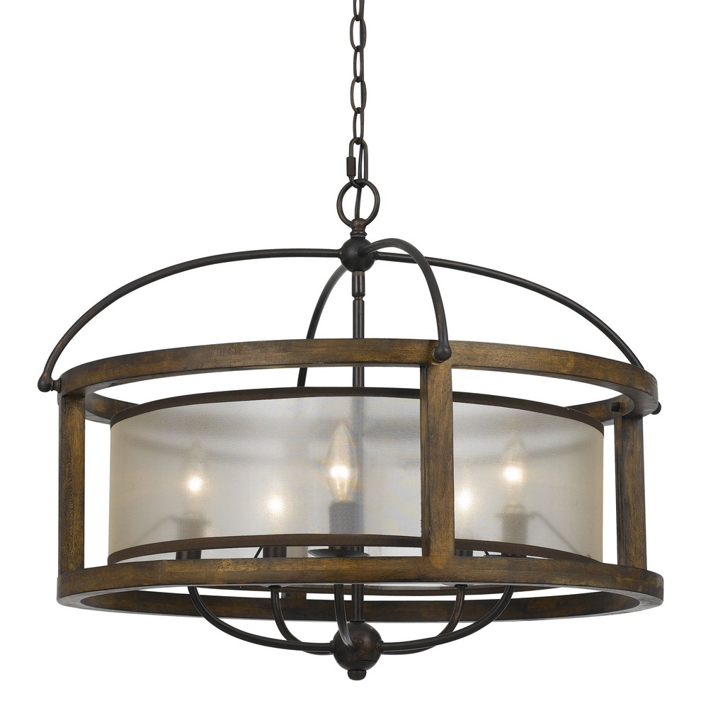 Cal Lighting-FX-3536/5-Mission-Five Light Round Pendant-26 Inches Wide by 20.5 Inches High Natural Wood Finish with White Organza Shade