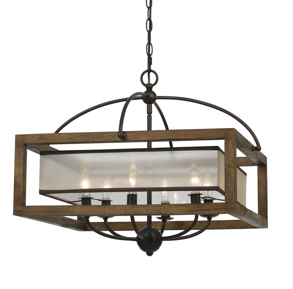 Cal Lighting-FX-3536/6-Mission-Six Light Square Chandelier-24 Inches Wide by 20 Inches High Natural Wood Finish with White Organza Shade