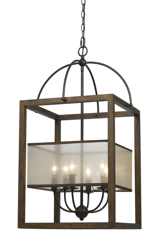 Cal Lighting-FX-3536/6L-Mission-Six Light Rectangular Chandelier-19 Inches Wide by 33 Inches High Natural Wood Finish with White Organza Shade
