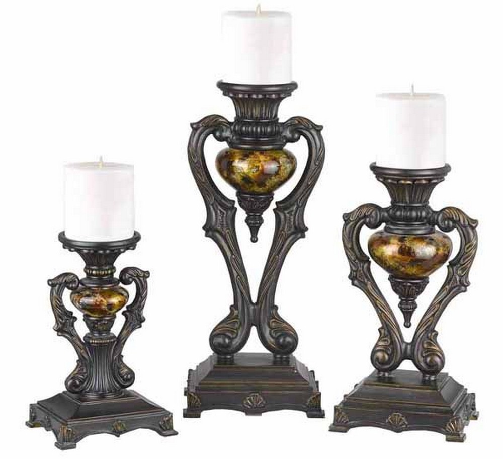 Cal Lighting-TA-587/3C-Candleholder-9.5 Inches Wide by 19.3 Inches High   Antique Bronze Finish with Reverse Painted Glass