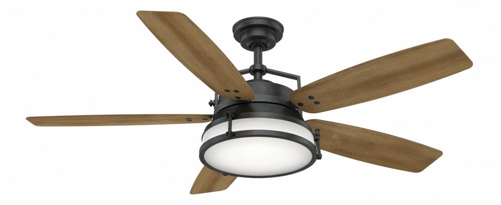 Casablanca Fans-59359-Caneel Bay - 5 Blade 56 Inch Ceiling Fan with Wall Control in Rustic Modern Style and includes 5 Motor Speed settings Aged Steel White Washed Oak Maiden Bronze Finish with Smoked Walnut Blade finish with Cased White Glass