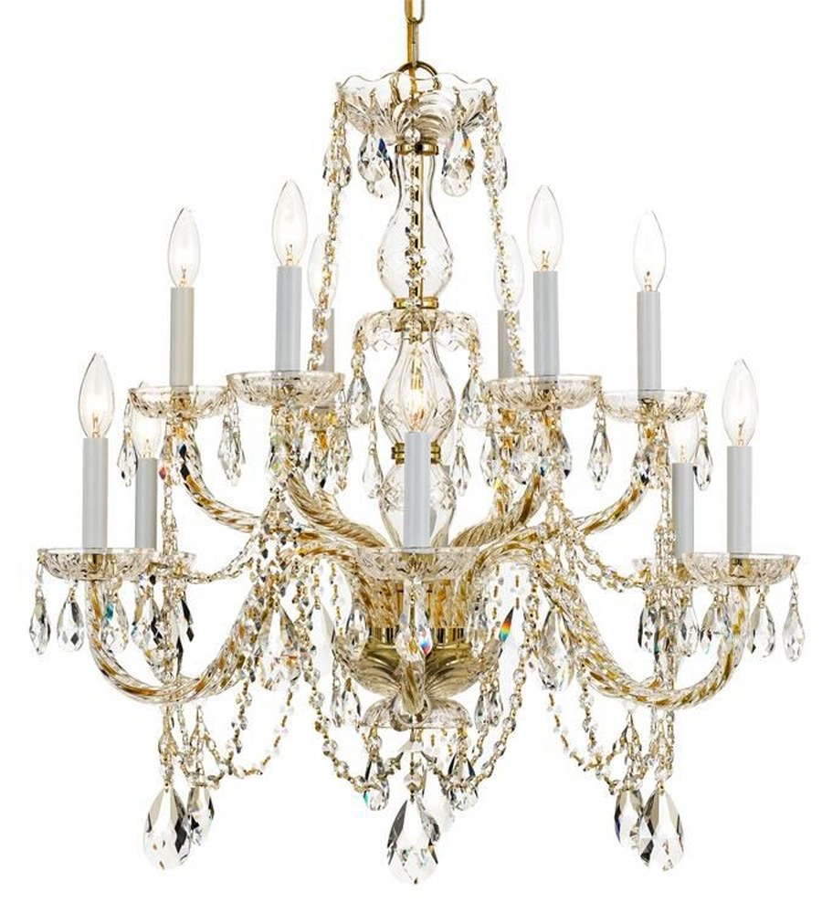 Crystorama Lighting-1135-PB-CL-MWP-Crystal - Twelve Light 2-Tier Chandelier in Classic Style - 31 Inches Wide by 26 Inches High Clear Majestic Wood Polished  Polished Brass Finish