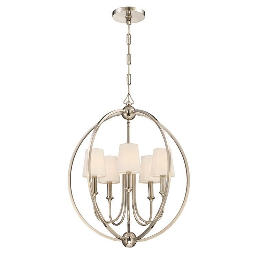 Crystorama Lighting-2247-PN-Sylvan - Five Light Chandelier with Silk or Linen Fabric Shades in Traditional Style - 22.5 Inches Wide by 26.5 Inches High   Polished Nickel Finish with White Silk Shade w