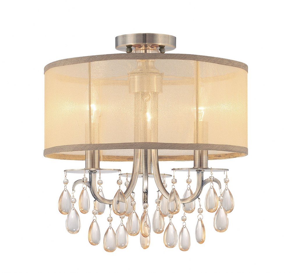 Crystorama Lighting-5623-AB_CEILING-Hampton - Three Light Semi-Flush Mount in Minimalist Style - 14 Inches Wide by 17 Inches High Antique Brass  Antique Brass Finish with Silk Shade and Etruscan Smoot