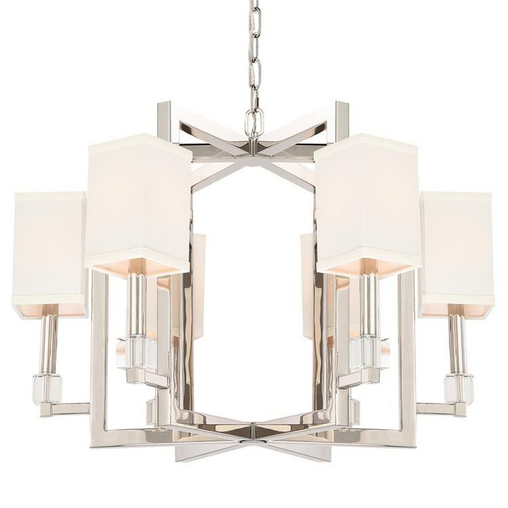 Crystorama Lighting-8886-PN-Dixon - Six Light Chandelier in Classic Style - 28.5 Inches Wide by 20 Inches High Polished Nickel  Polished Nickel Finish with White Fabric Shade with Clear Cubes Crystal