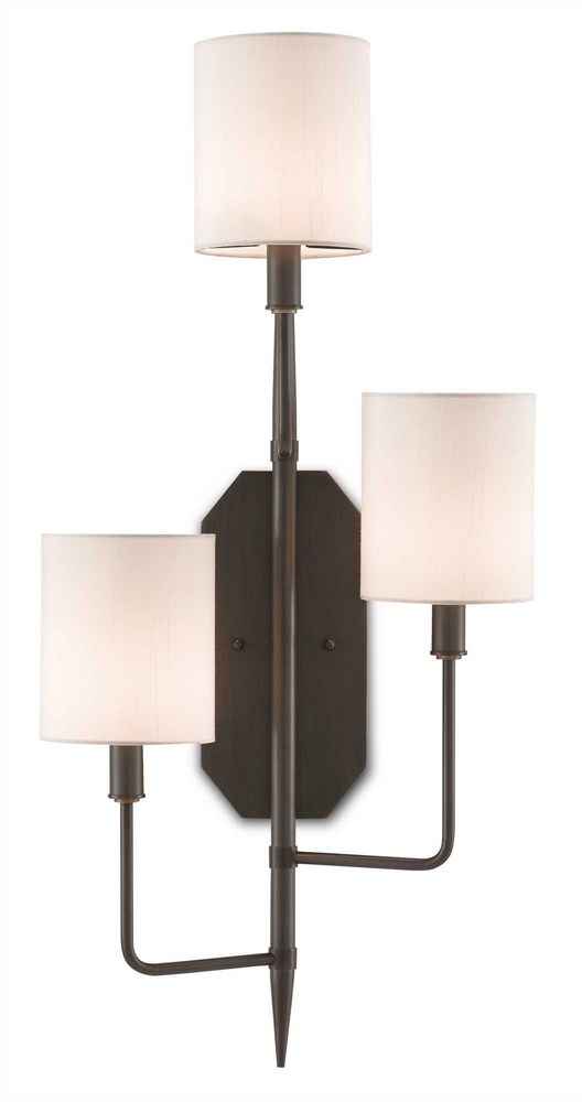 Currey and Company-5000-0098-Knowsley - 3 Light Right Wall Sconce   Oil Rubbed Bronze Finish with Off White Shantung Shade