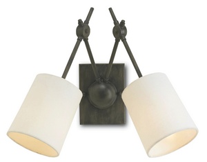 Currey and Company-5150-Compass - 2 Light Wall Sconce   Black Iron Finish with White Linen Shade