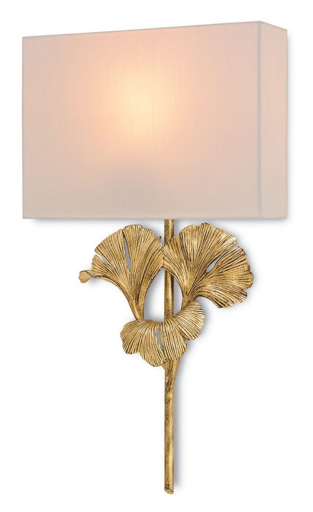 Currey and Company-5178-Gingko - 1 Light Wall Sconce Chinois Antique Gold Leaf  Distressed Silver Leaf Finish with Off White Shantung Shade