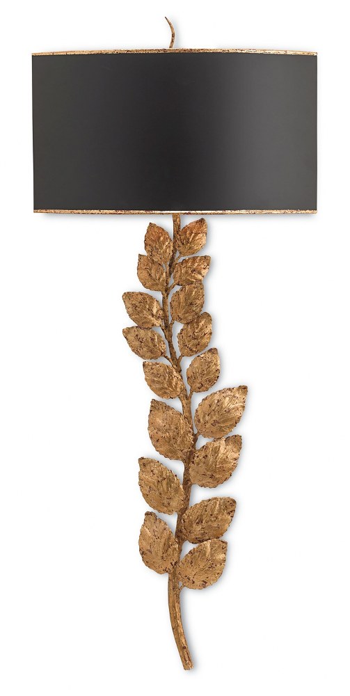 Currey and Company-5221-Birdwood - 2 Light Wall Sconce   Textured Gold Leaf/Satin Black Finish with Satin Black/Gesso/Gold Leaf Shade