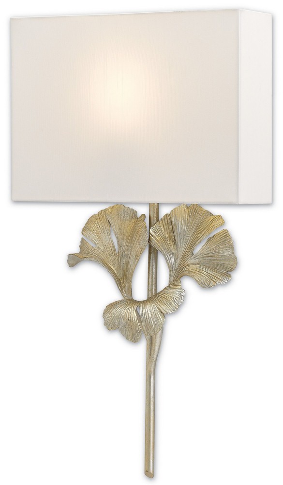 Currey and Company-5900-0009-Gingko - 1 Light Wall Sconce   Distressed Silver Leaf Finish with Off White Shantung Shade