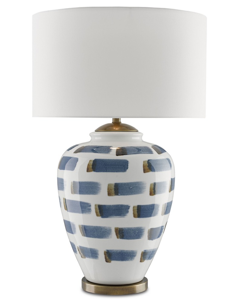 Currey and Company-6000-0019-Brushstroke - 1 Light Table Lamp   White/Blue/Antique Brass Finish with White Linen Shade