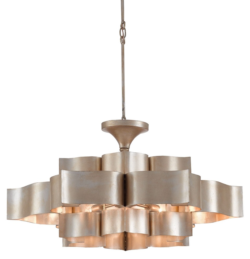 Currey and Company-9000-0051-Grand Lotus - 6 Light Large Chandelier   Contemporary Silver Leaf Finish
