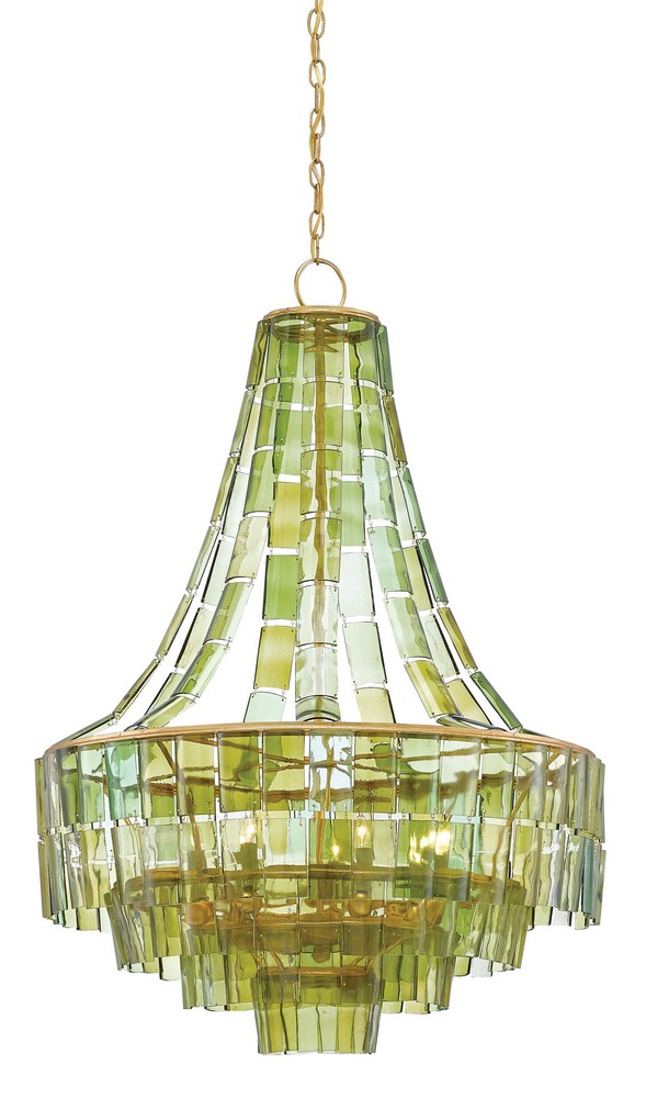 Currey and Company-9000-0147-Vintner - 7 Light Chandelier   Dark Contemporary Gold Leaf/ Finish with Green Glass