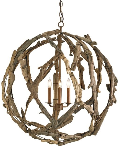 Currey and Company-9078-Driftwood - 3 Light Orb Chandelier   Natural/Washed Driftwood Finish