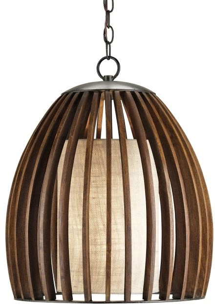 Currey and Company-9099-Carling - 1 Light Pendant   Old Iron/Polished Fruitwood Finish with Putty Burlap Shade