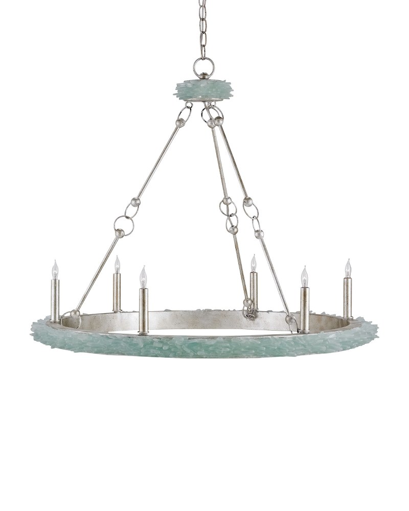 Currey and Company-9870-Tidewater - 6 Light Chandelier   Silver Granello/Seaglass Finish with Pale Aqua Glass