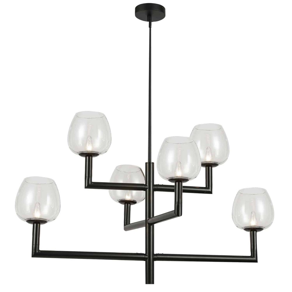 Dainolite-NOR-326C-MB-CLR-Nora - 35.75 Inch 6 Light 2-Tier Chandelier with Clear Glass Globe Shades Matte Black  Aged Brass Finish with Clear Glass