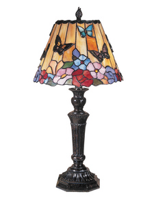 Dale Tiffany Lighting-TT100587-Butterfly /Peony Tiffany - Two Light Table Lamp   Fieldstone Finish with Hand Rolled Art Glass