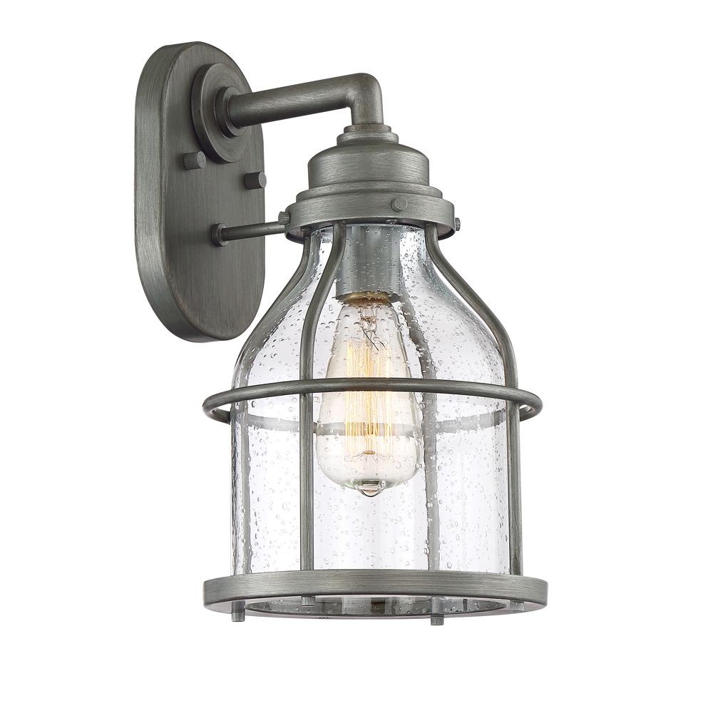 Designers Fountain-23131-WI-Brensten - 13.75 Inch One Light Outdoor Wall Sconce   Weathered Iron Finish with Clear Seedy Glass