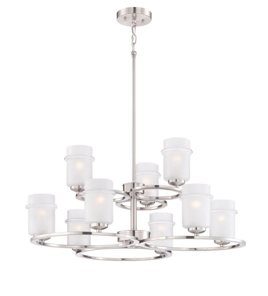 Designers Fountain-86689-SP-Omega - Nine Light Chandelier   Satin Platinum Finish with Etched/Clear Ring Glass with White Fabric Shade