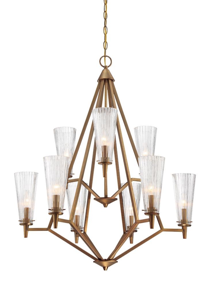 Designers Fountain-88989-OSB-Montelena - Nine Light 2-Tier Chandelier   Old Satin Brass Finish with Clear Ribbed Glass