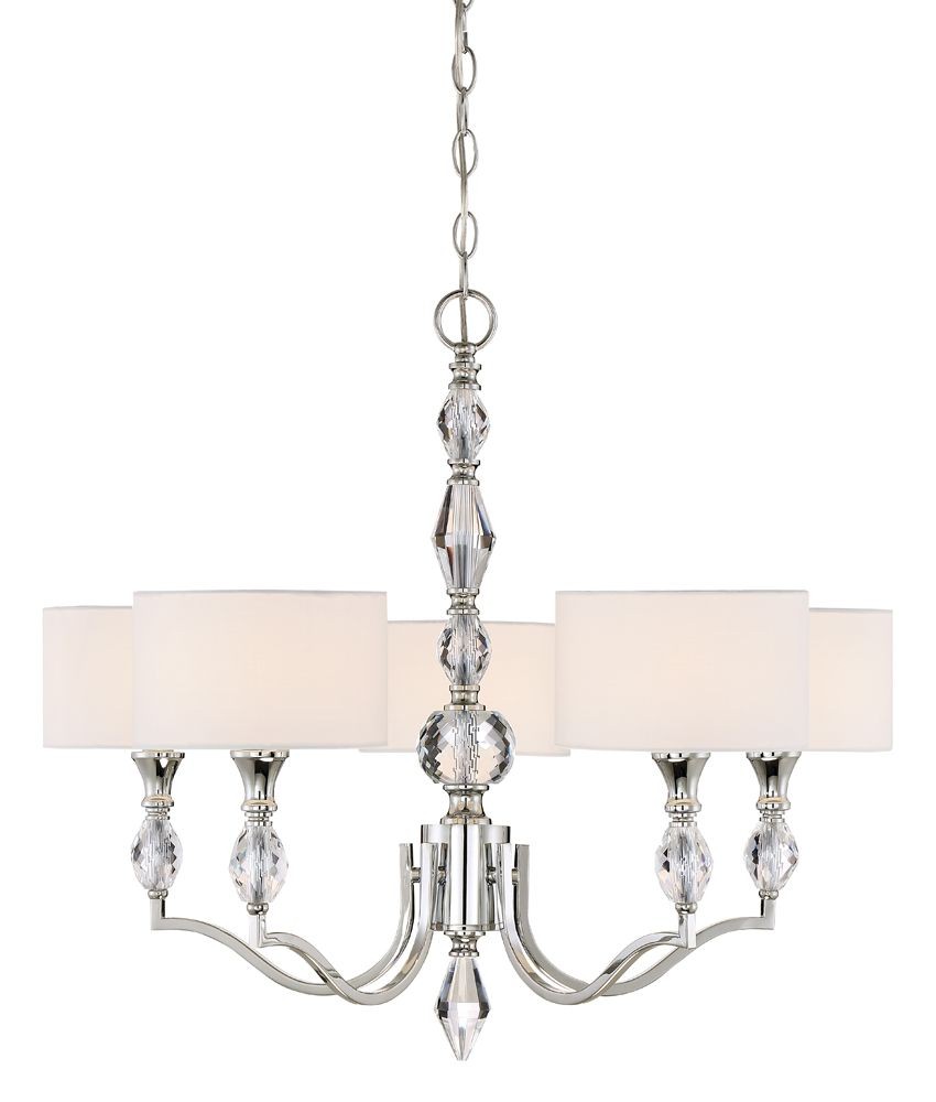 Designers Fountain-89985-CH-Evi - Five Light Chandelier   Chrome Finish with White Linen Shade with Clear Faceted Crystal