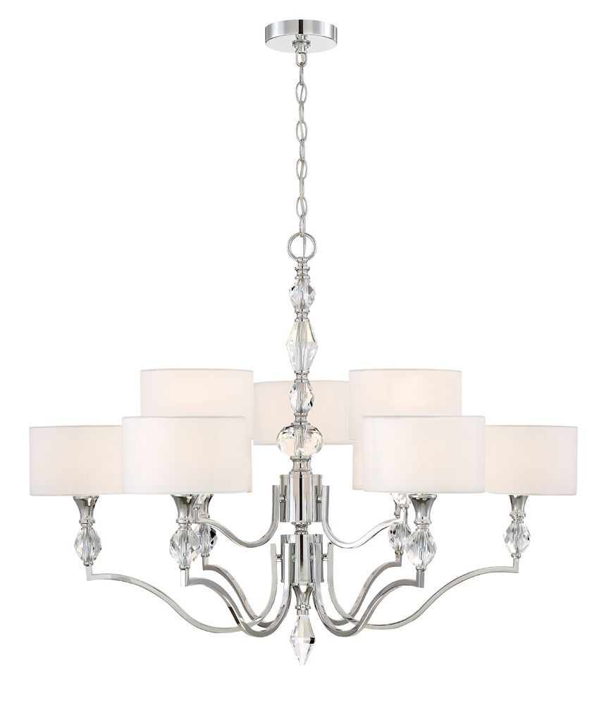 Designers Fountain-89989-CH-Evi - Nine Light 2-Tier Chandelier   Chrome Finish with White Linen Shade with Clear Faceted Crystal