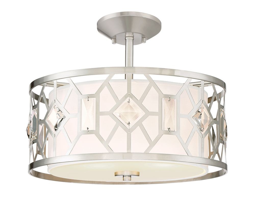 Designers Fountain-90111-SP-Brentwood - Two Light Semi-Flush Mount   Satin Platinum Finish with White Linen Shade with Faceted Crystal