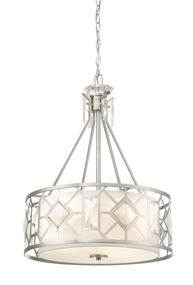 Designers Fountain-90131-SP-Brentwood - Three Light Pendant   Satin Platinum Finish with White Linen Shade with Faceted Crystal