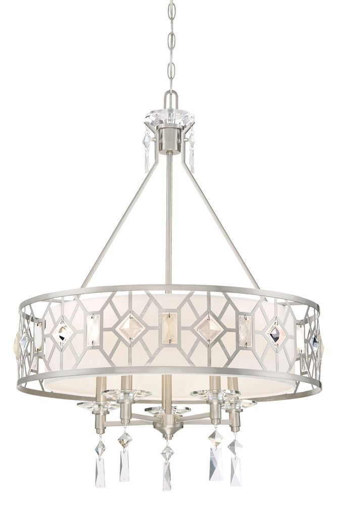 Designers Fountain-90185-SP-Brentwood - Five Light Chandelier   Satin Platinum Finish with White Linen Shade with Faceted Crystal