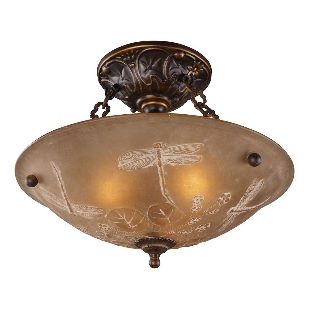 Elk Lighting-08096-AGB-Restoration - 3 Light Semi-Flush Mount in Traditional Style with Victorian and Vintage Charm inspirations - 12 Inches tall and 16 inches wide   Golden Bronze Finish with Amber G