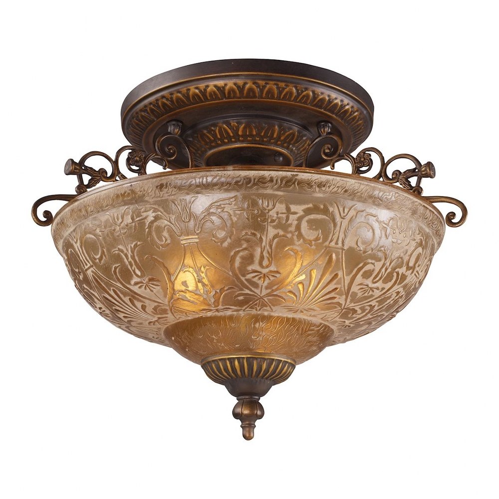 Elk Lighting-08099-AGB-Restoration - 3 Light Semi-Flush Mount in Traditional Style with Victorian and Vintage Charm inspirations - 14 Inches tall and 19 inches wide   Golden Bronze Finish with Amber G