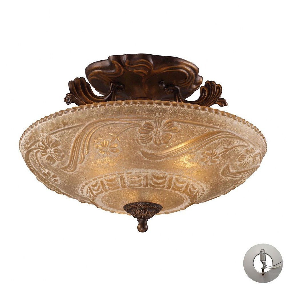 Elk Lighting-08101-AGB-LA-Restoration - 3 Light Semi-Flush Mount in Traditional Style with Victorian and Vintage Charm inspirations - 11 Inches tall and 16 inches wide   Golden Bronze Finish with Ambe